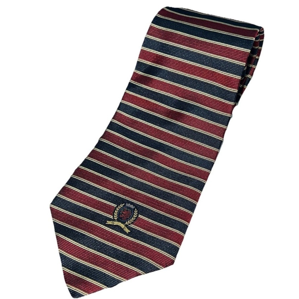 Tommy Hilfiger Italian Silk Tie Red Gold Navy Stripe Crest Logo Necktie Vintage